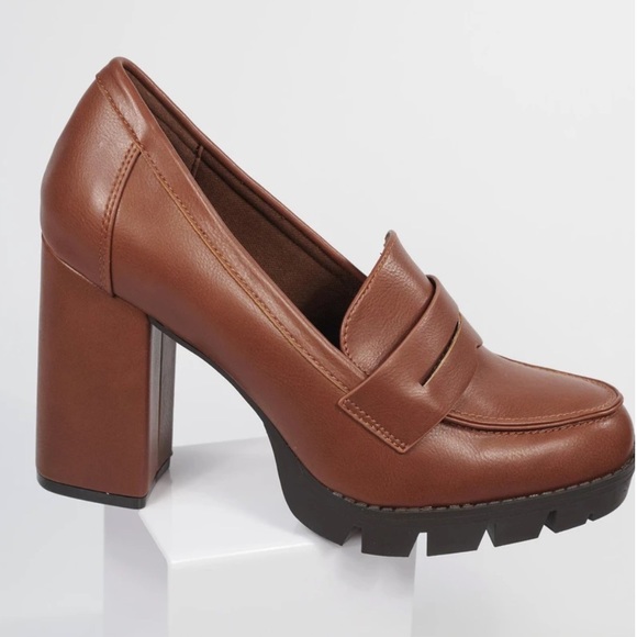 Lug Sole Tan High Heel Platform Penny Loafer - Picture 9 of 14